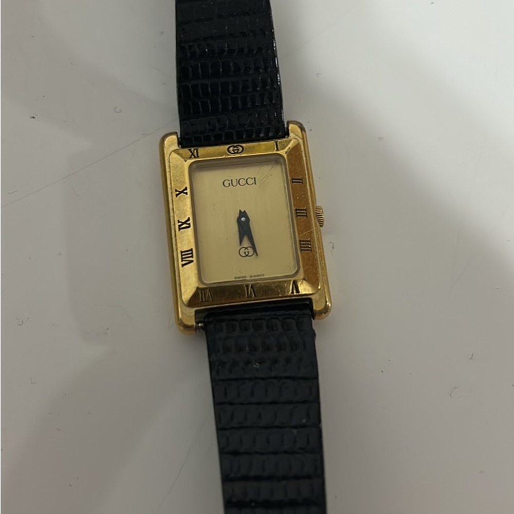 Gucci Gold Case Watch with Black Strap Vintage
